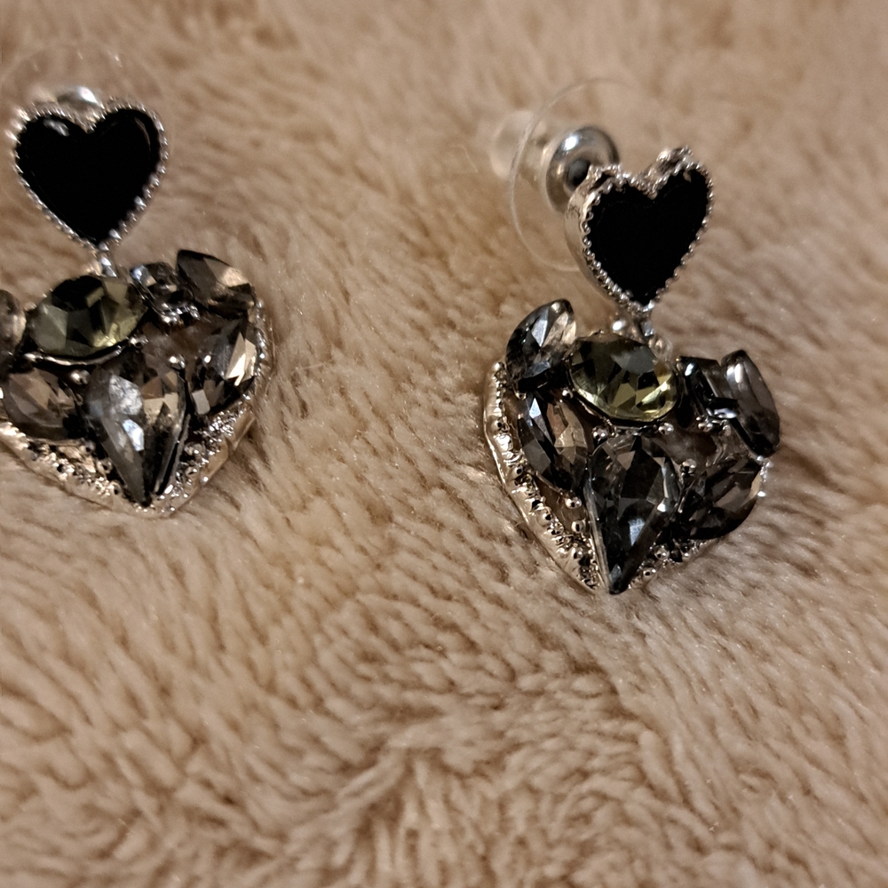 Heart-Shaped Black and Silver Earrings
